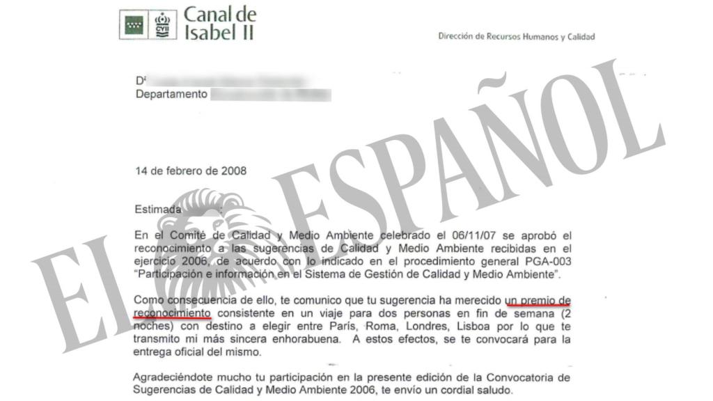 Premio concedido a la denunciante por su desempeño en la empresa.