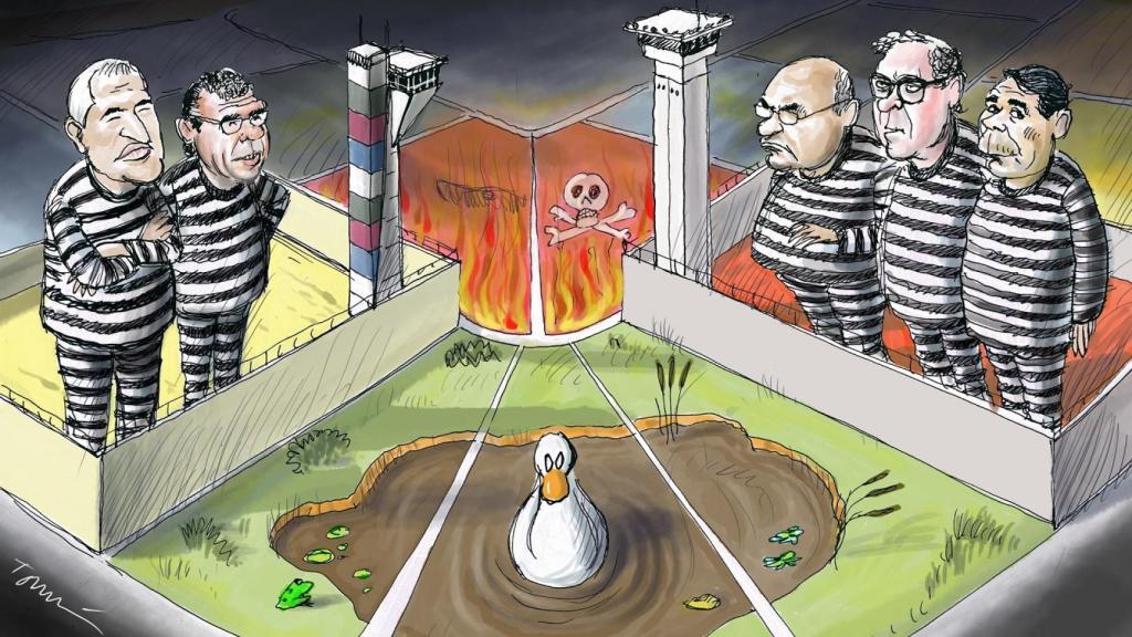 A la izquierda, Luis Pineda y Francisco Granados. A la derecha, Gerardo Díaz Ferrán, Jordi Pujol Ferrusola e Ignacio González