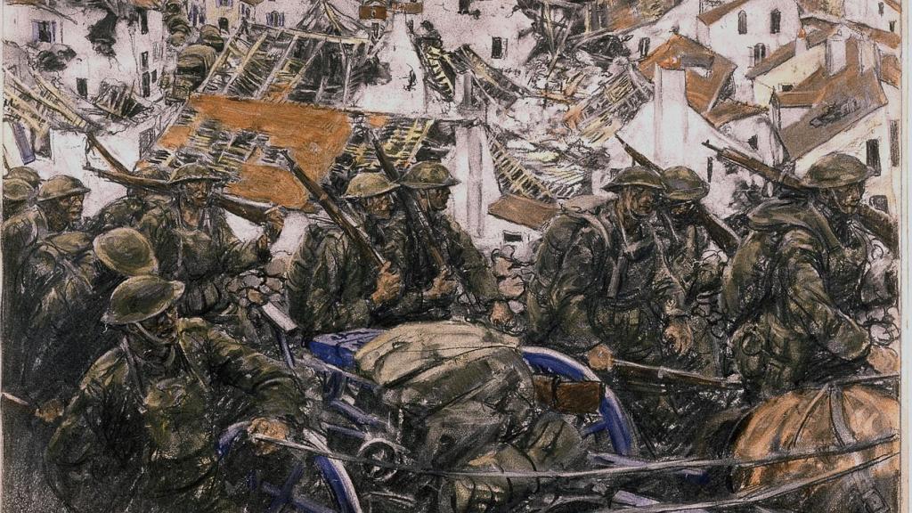 Desplazamiento hacia una posición a través de una población en ruinas, Harvey Thomas Dunn.