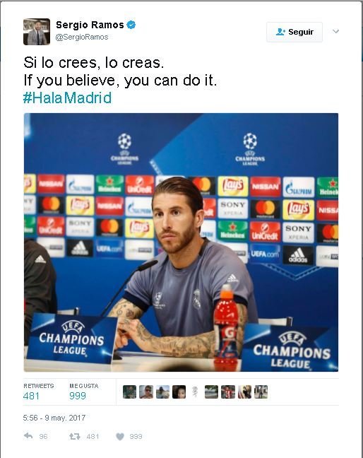 Tuit de Sergio Ramos. Foto: Twitter (@sergioramos)