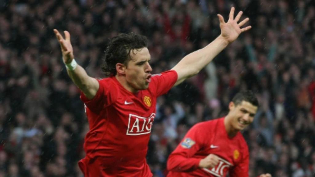Hargreaves celebra un gol en el United. Foto: manutd.com