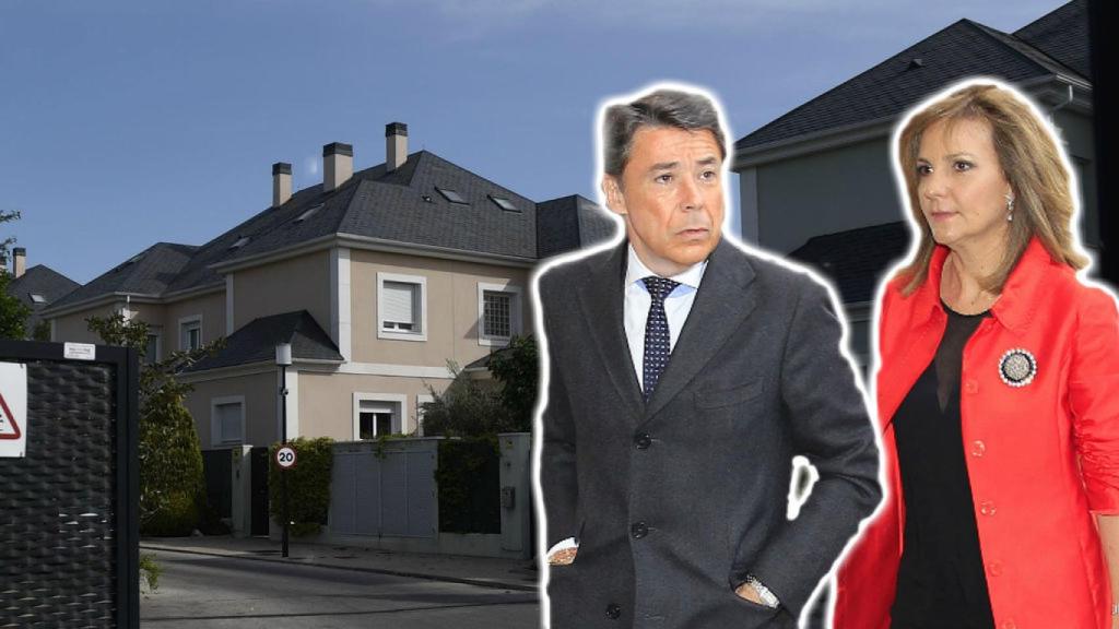 El matrimonio González-Cavero, frente a su urbanización en Aravaca (Madrid). Montaje de EL ESPAÑOL.