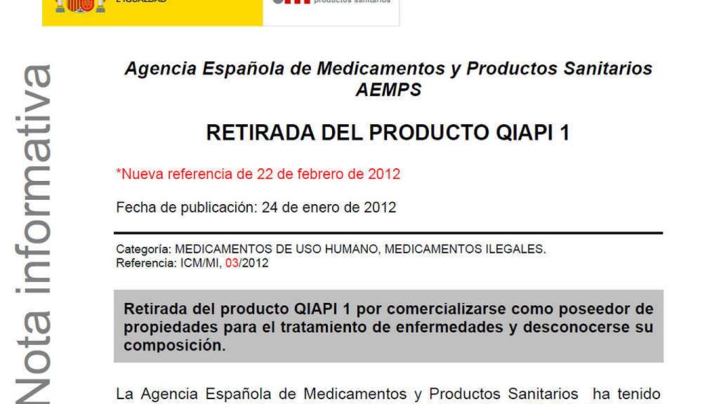 El boletín por el  cual Qiapi quedaba prohibido en 2010.