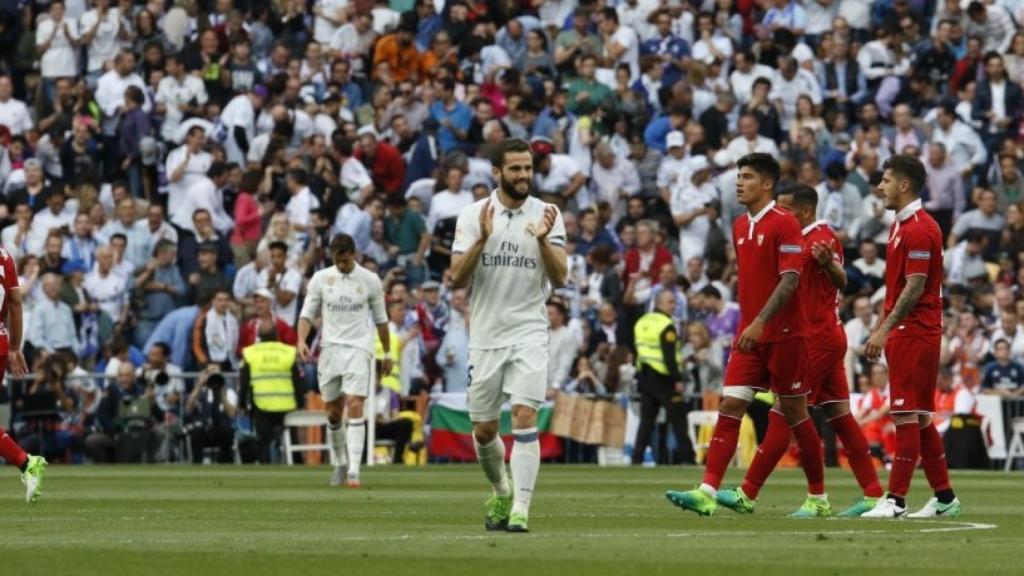 Nacho marca contra el Sevilla.  Foto: Pedro Rodríguez / El Bernabéu