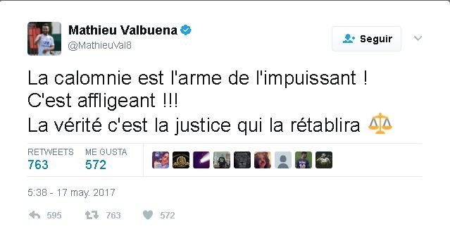 El tuit de Valbuena. Foto: Twitter (@mathieuval8)