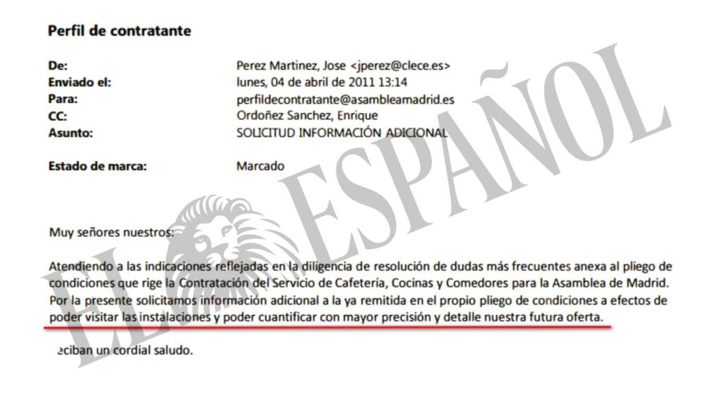 Correo de la empresa Clece solicitando visitar las instalaciones de la cafetería.