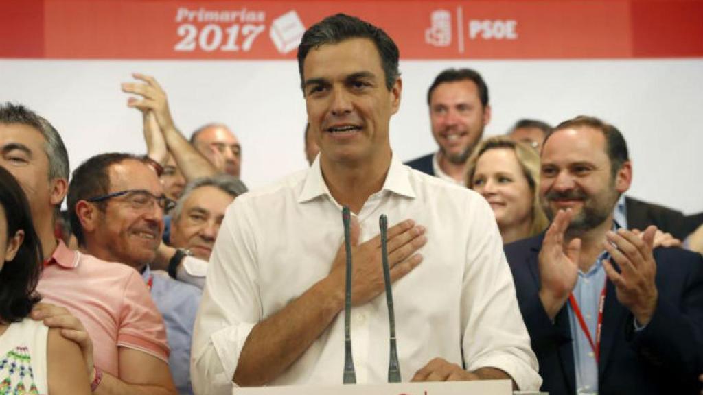 Pedro Sánchez este domingo, tras conocer que había ganado las primarias.