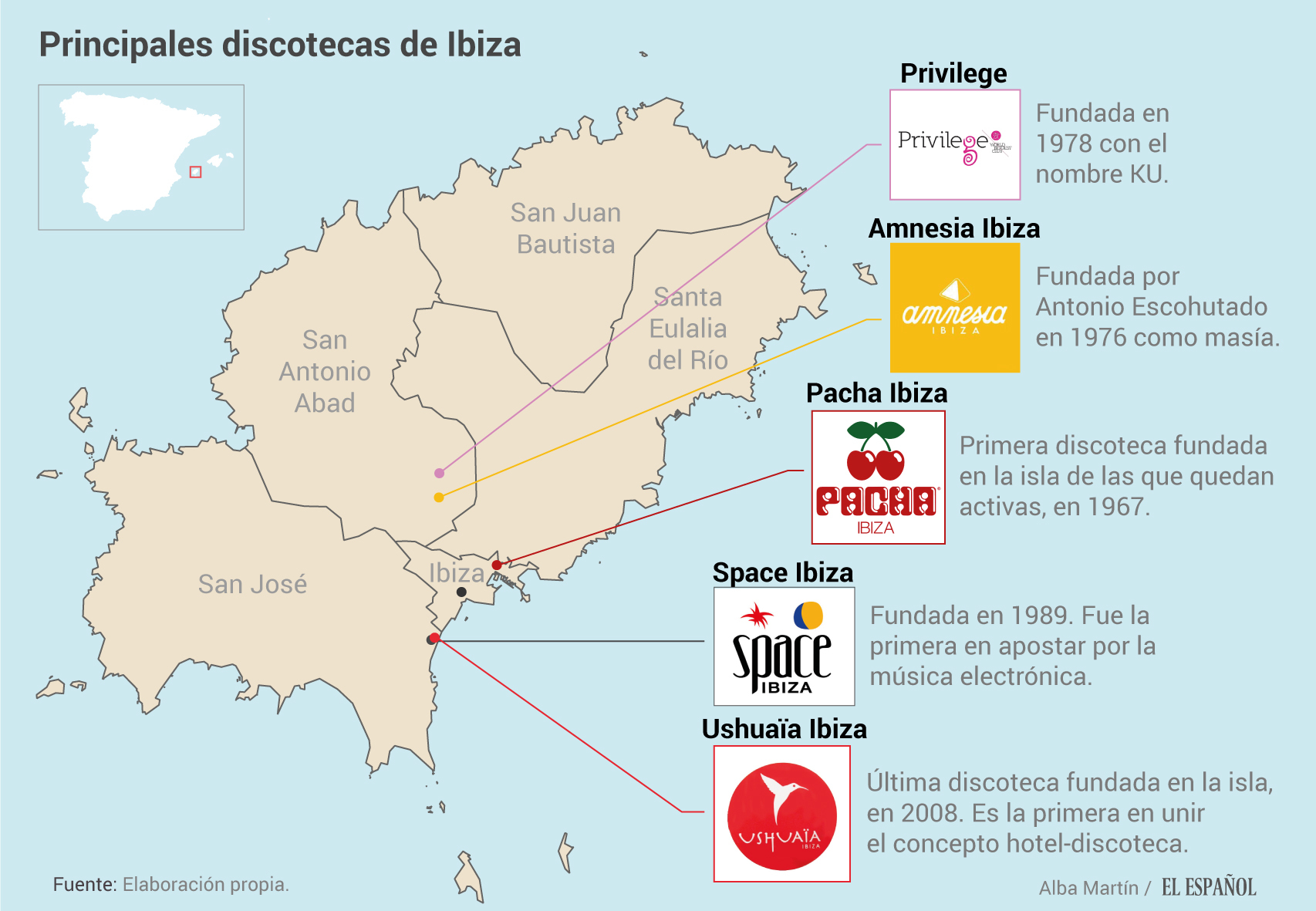 Mapa de las discotecas más importantes de Ibiza, su ubicación y su origen