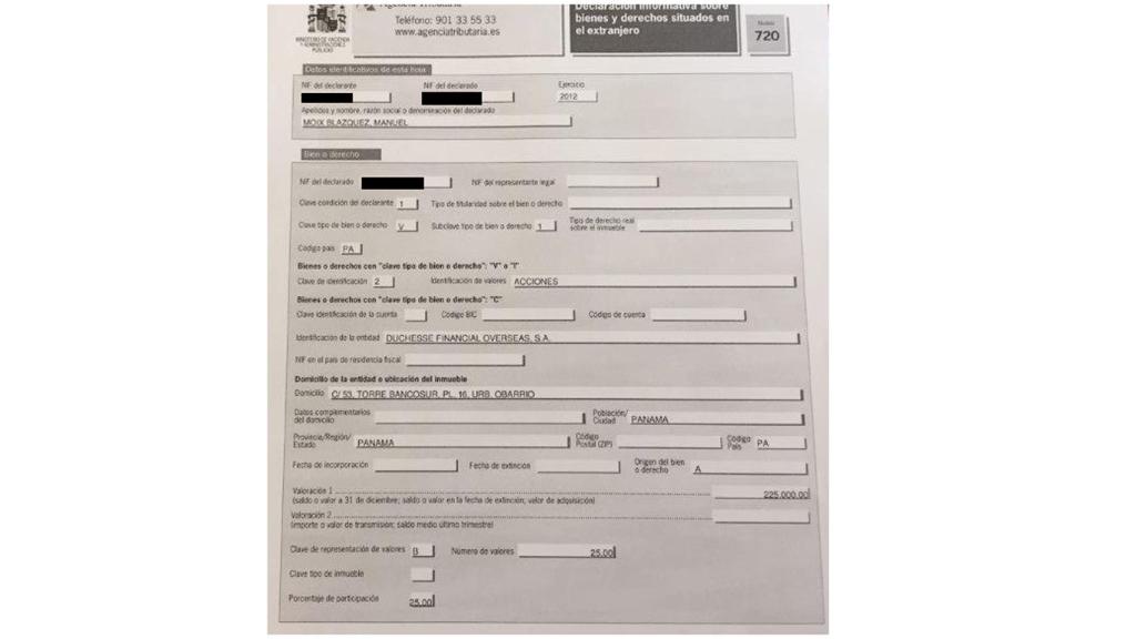 Declaración de bienes en el extrajero, en la que consta la sociedad del padre de Moix