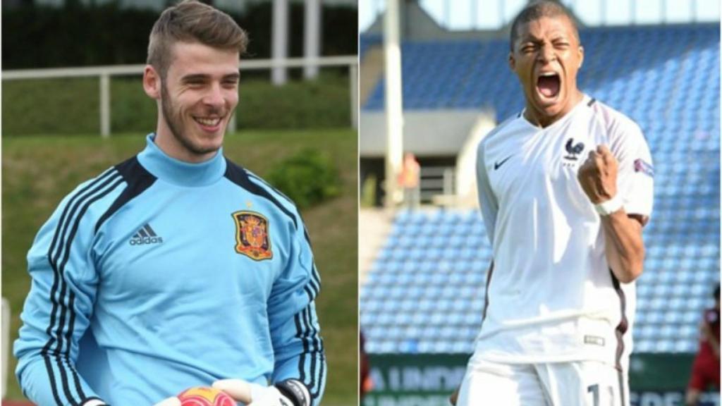 De Gea y Mbappé. Foto sefutbol.com y fff.fr