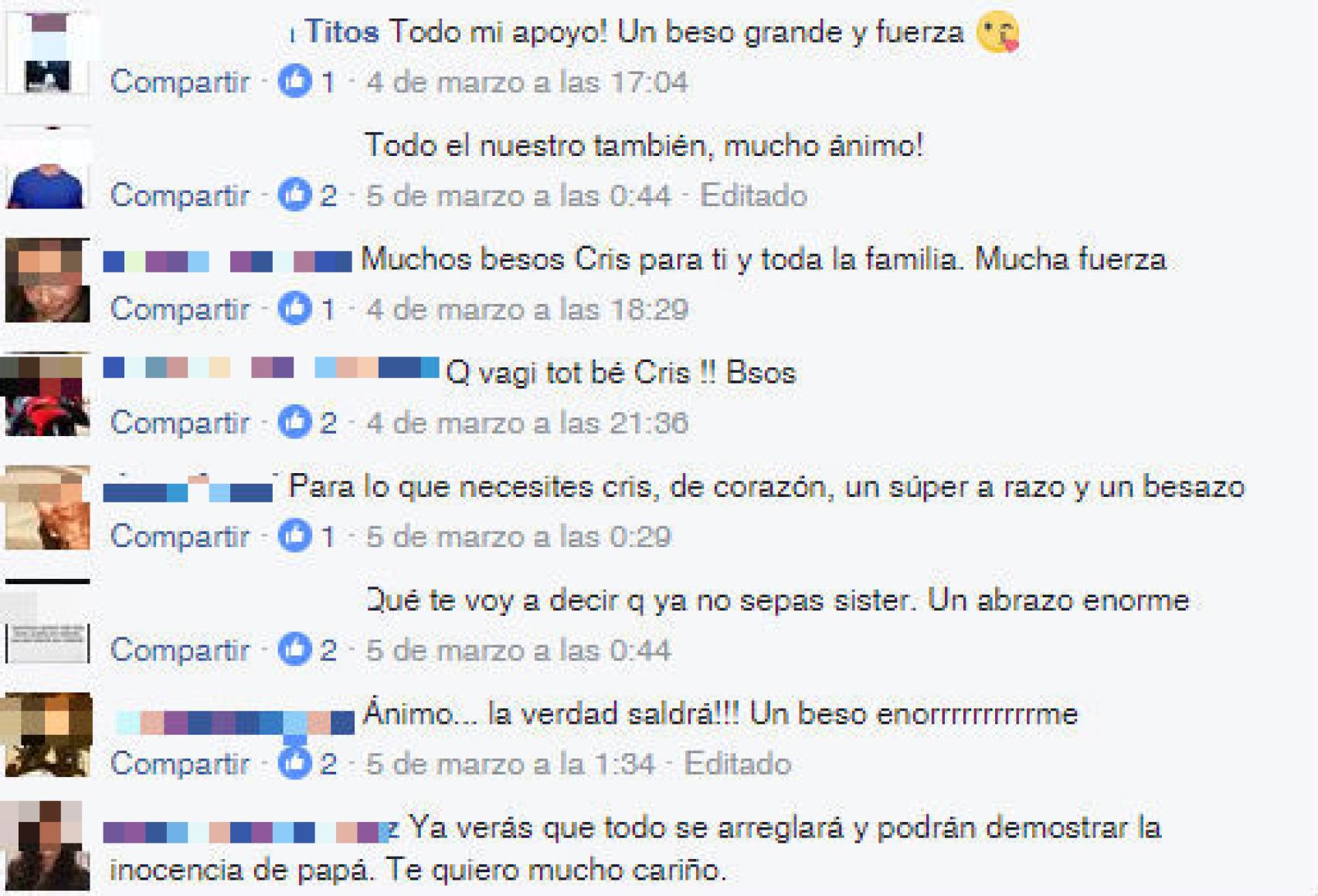 Mensajes de apoyo de los seguidores de Cristina Cursach en su perfil de Facebook.