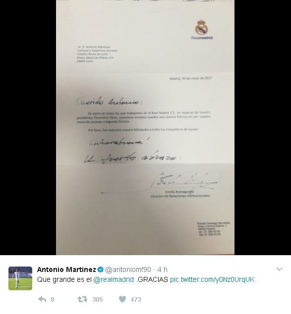 Carta del Real Madrid felicitando a Antonio Martínez. Foto: Twitter (@antoniomf90)