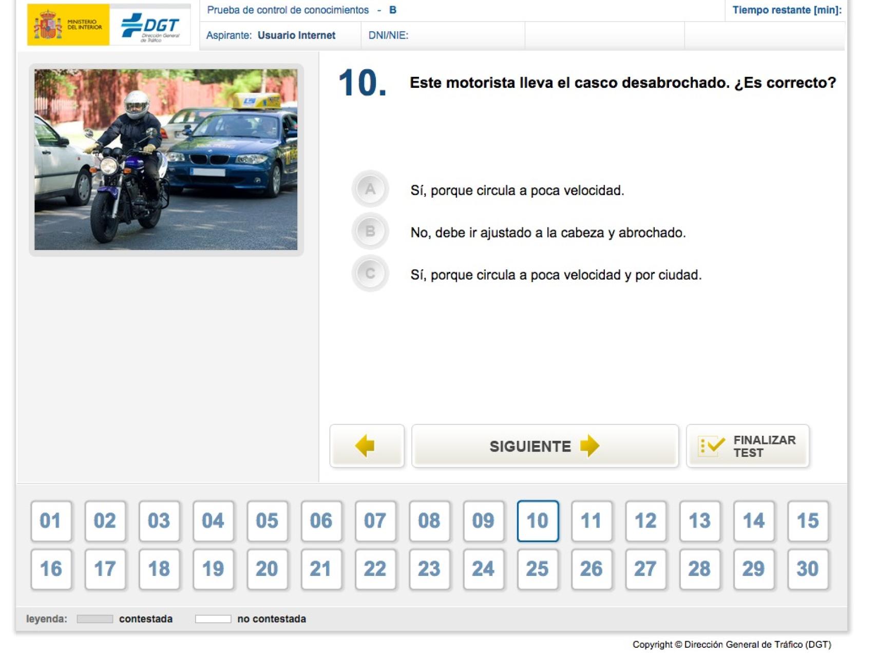 Captura de pantalla de una prueba del carnet de conducir.