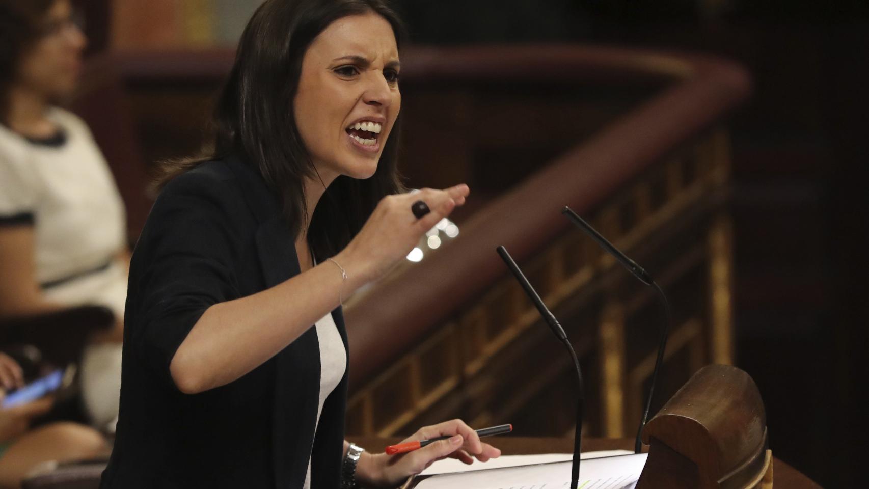 Irene Montero, durante su intervención en la primera jornada del debate de la moción de censura.