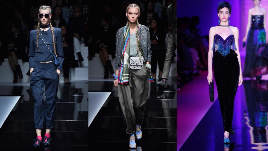 Diferentes propuestas de Giorgio Armani con sus pantalones de silueta tulipán. | Foto: Getty Images.