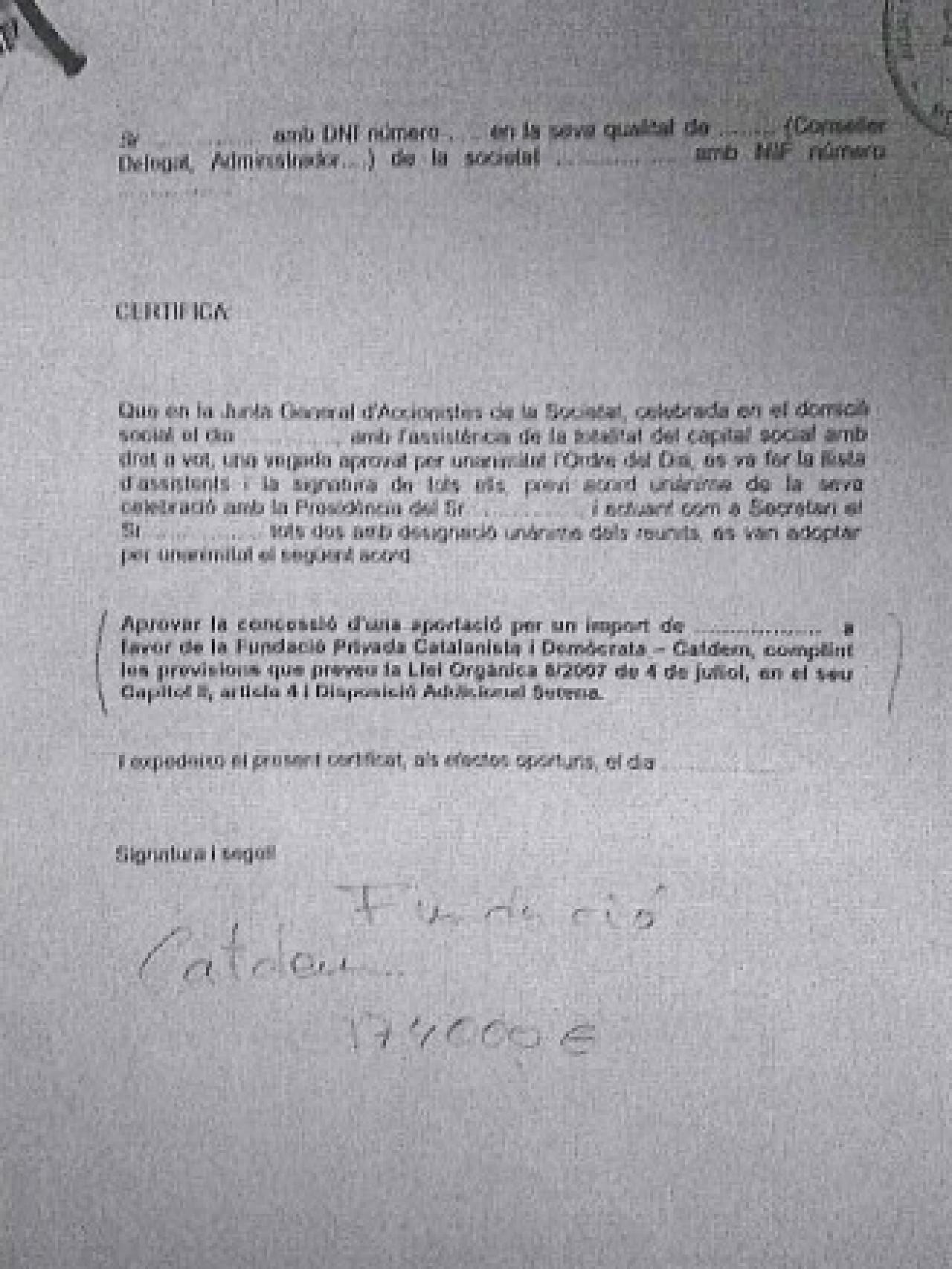 Borrador para la donación de 174.000 euros a Catdem.