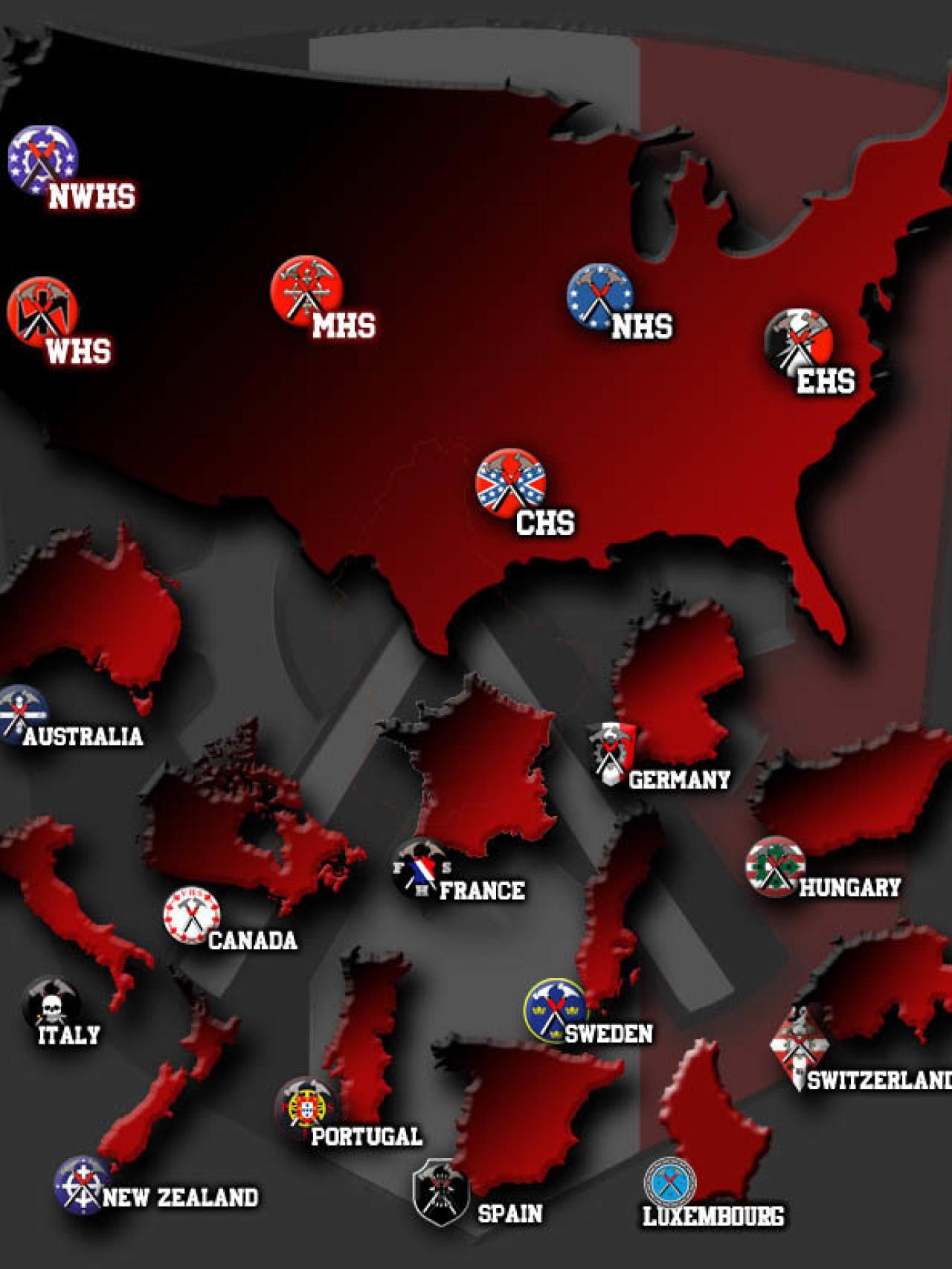 Estos son los diferente capítulos que tiene la banda nazi Hammerskin por todo el mundo