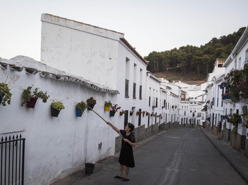 Una gastoreña riega sus macetas el día antes del Corpus Christi