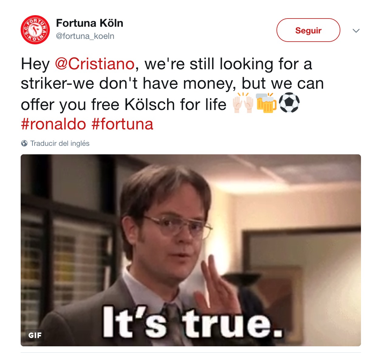 Propuesta del Fortuna de Colonia a Cristiano. Foto: Twitter (@fortuna_koeln)