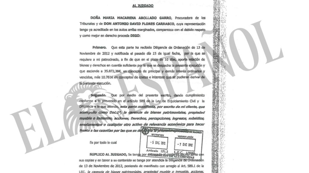 Escrito remitido al juzgado en 2012 solicitando la declaración de insolvencia.