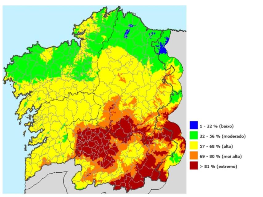 El Índice de Riesgo Diario de Incendio (IRDI), que la Xunta de Galicia utiliza para saber el estado de la comunidad en cada momento. Esto, el pasado jueves.