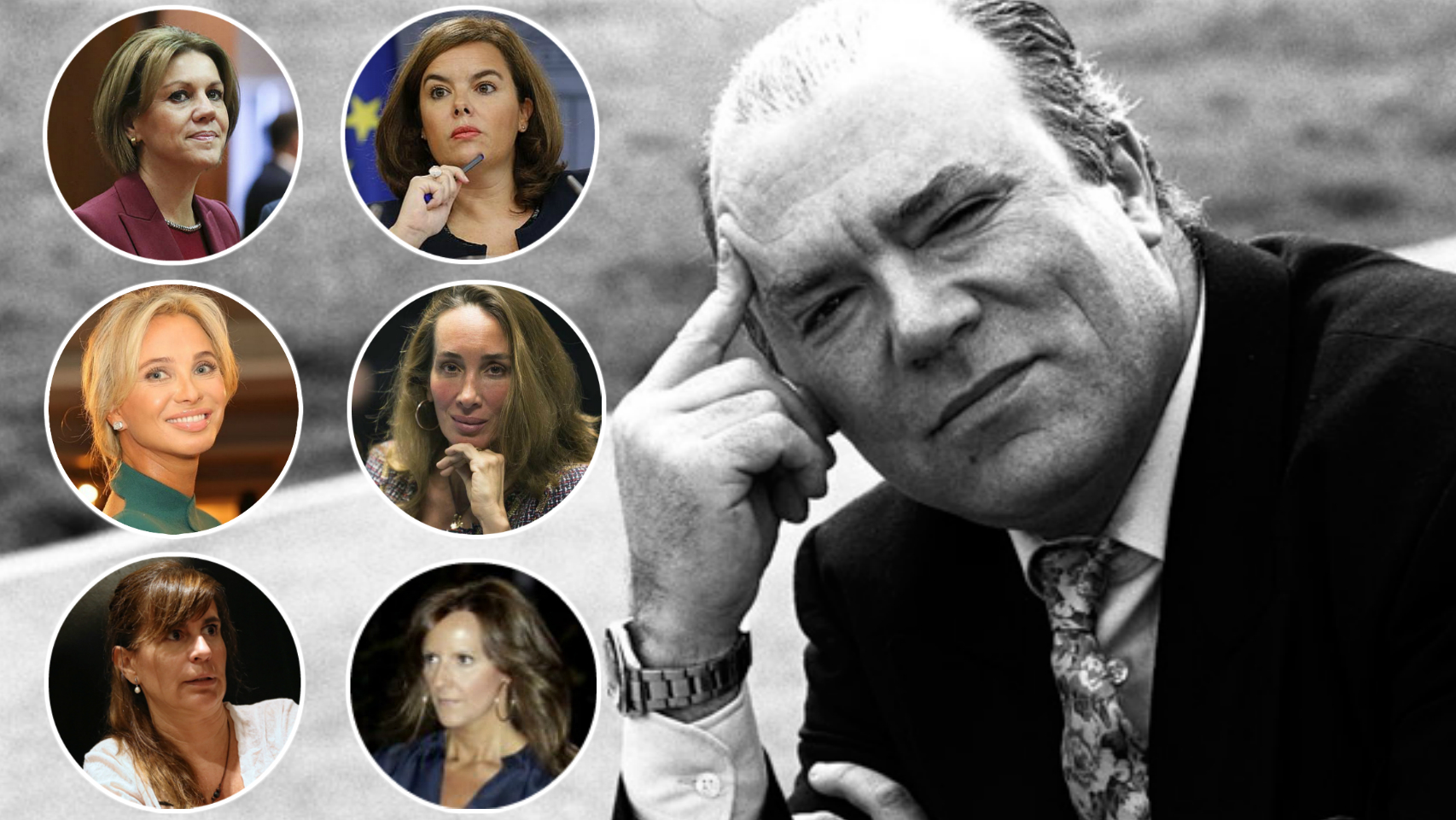 El comisario Villarejo, en una de sus pocas imágenes públicas, además: Mª Dolores de Cospedal, Soraya Sáenz de Santamaría, Corinna zu Sayn-Wittgenstein, la doctora Elisa Pinto, Victoria Álvarez y María González Pico.