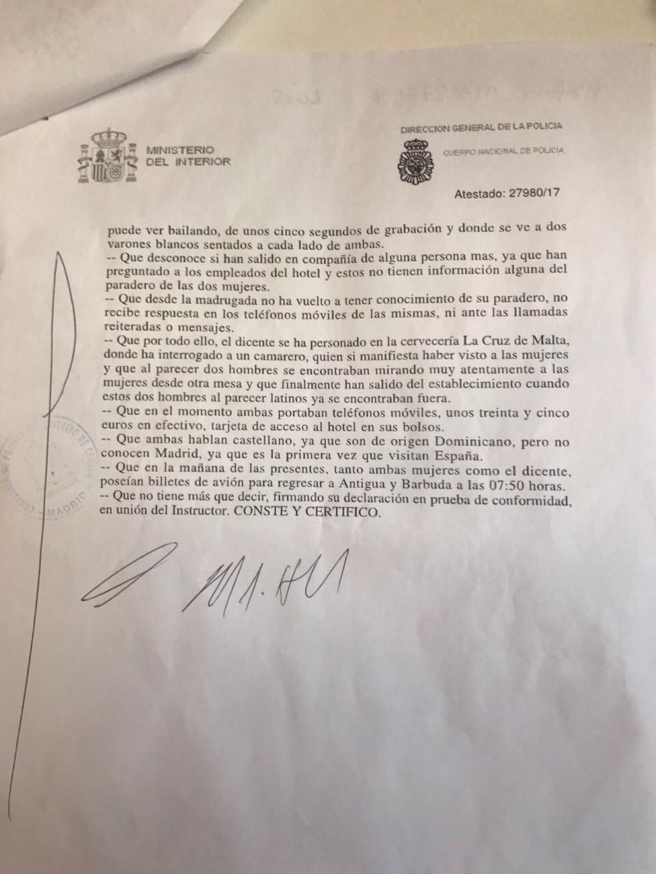 Denuncia presentada por Edward J. Hadeed en una comisaría madrileña de la Policía Nacional.