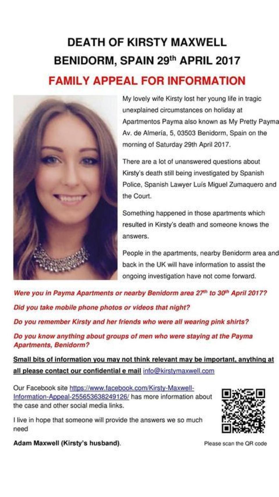 Cartel distribuido por la familia de Kirsty Maxwell para tratar de esclarecer las circunstancias de su muerte
