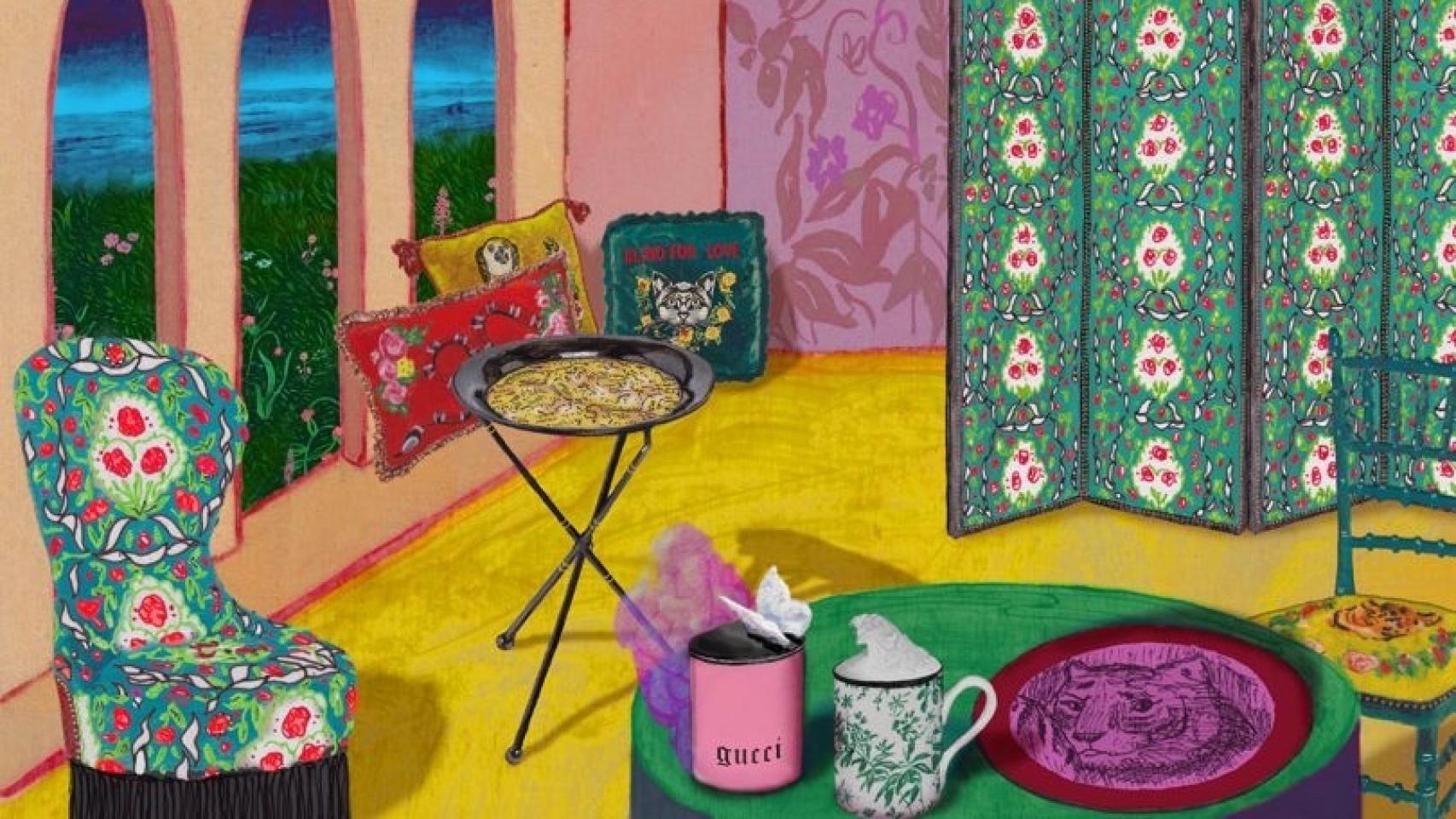 Desde sillas a biombos, tazas o cojines; Gucci busca llenar tu casa con su estética. | Foto: Gucci.