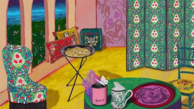 Desde sillas a biombos, tazas o cojines; Gucci busca llenar tu casa con su estética. | Foto: Gucci.