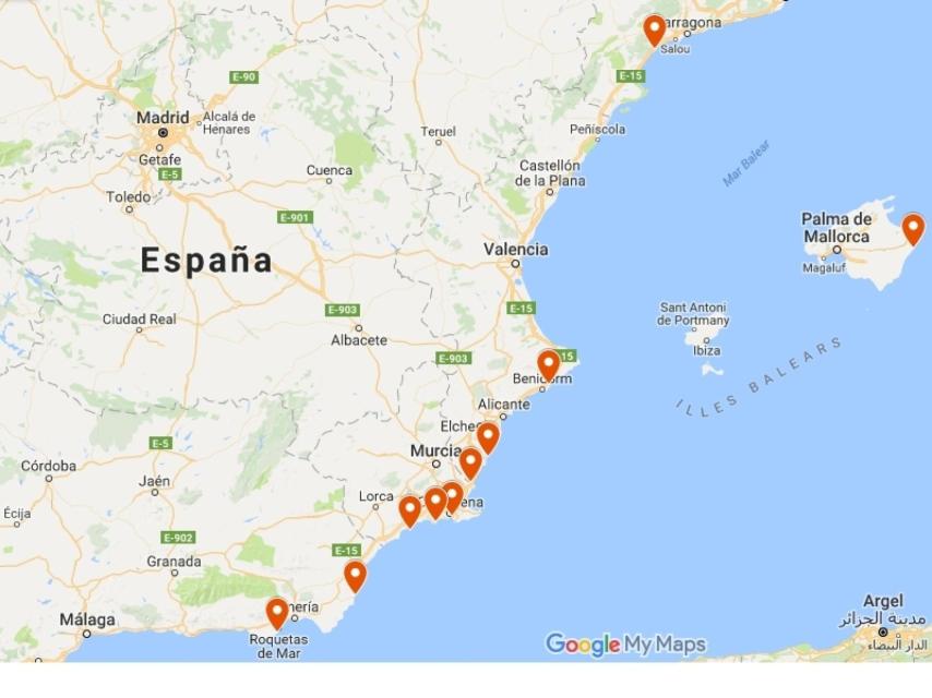 Ubicación de las diez playas seleccionadas.