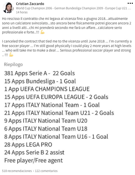 Cristian Zaccardo busca equipo a través de Linkedin.