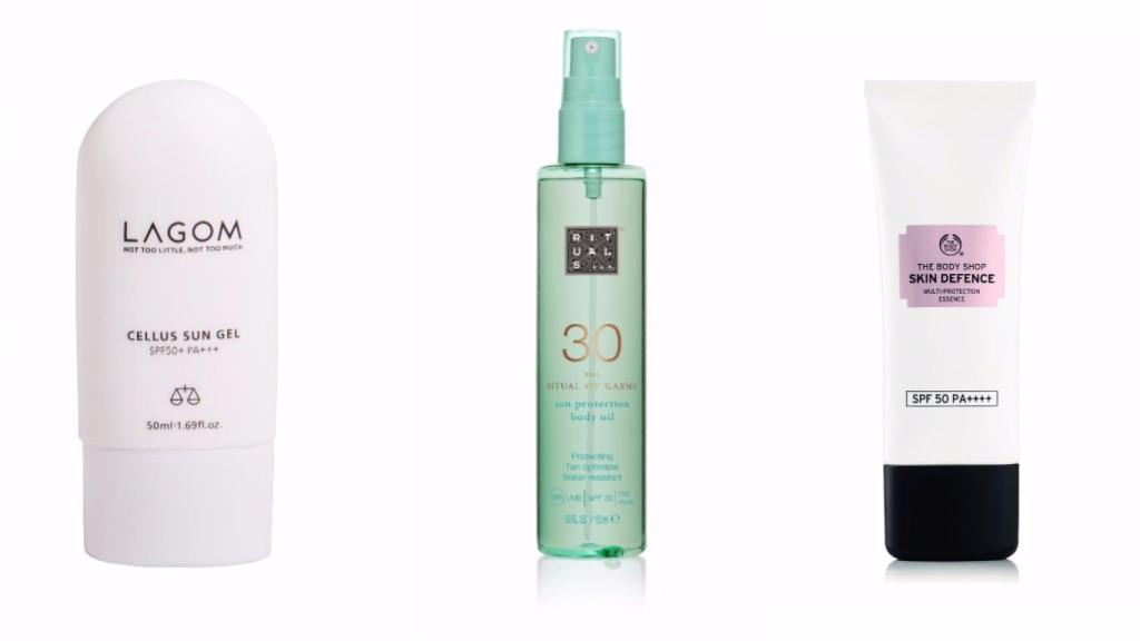 Cellus Sun Gel SPF 50+ de LAGOM es un protector solar fluido y refrescante que mantiene la humedad natural de la piel. The Ritual of Karma SPF 30 Sun Protection Body Oil de THE RITUALS es un aceite en seco con notas de loto sagrado y té blanco que protege e hidrata. Y Skin Defence SPF 50 es una crema ligera que hidrata en profundidad dentro de la línea de protectores urbanos de THE BODY SHOP.