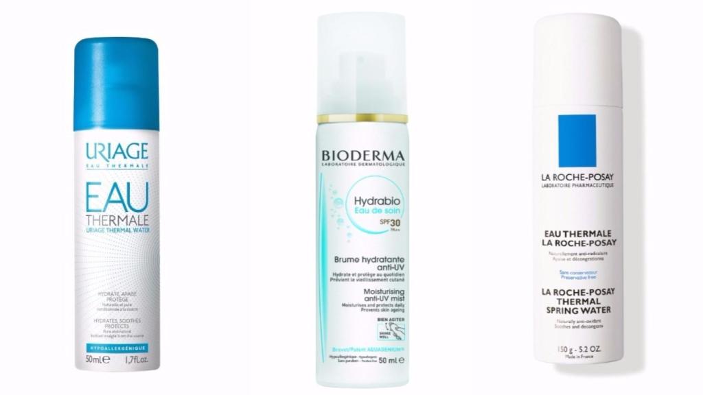 Eau Thermale de URIAGE, con agua del macizo de Belledonne (cerca de Grenoble). Hidrabio de BIODERMA, que además tiene un SPF 30. Y Spring Thermal Water de LA ROCHE-POSAY