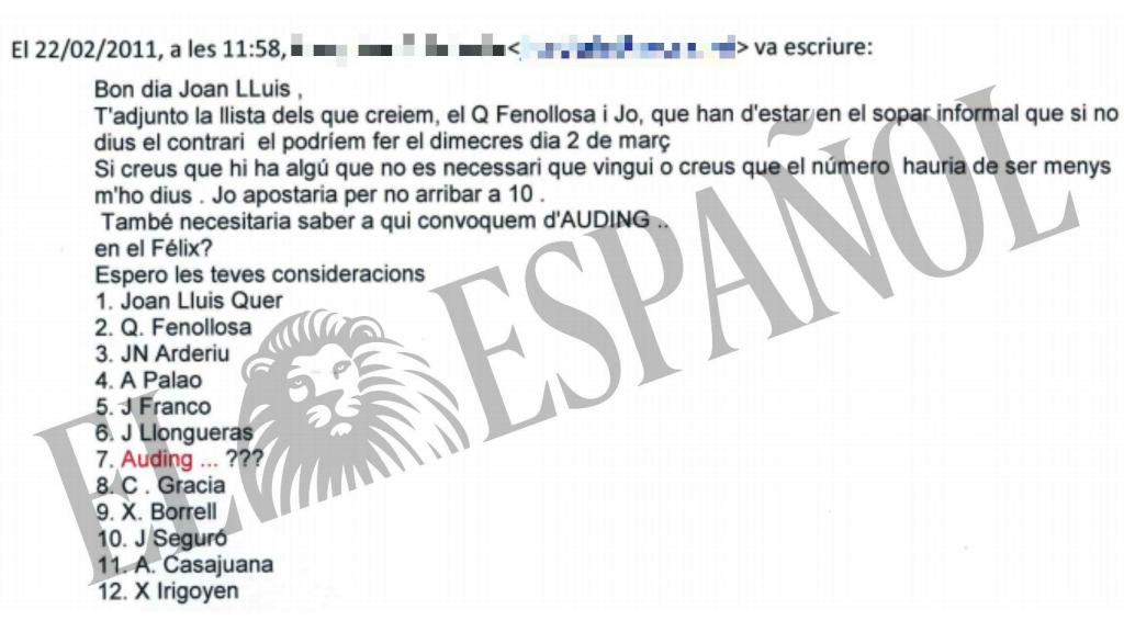 DOCUMENTO Nº2. Listado de los asistentes a la reunión confidencial organizada por Joan Lluís Quer, que aparece en un correo electrónico en poder de EL ESPAÑOL.