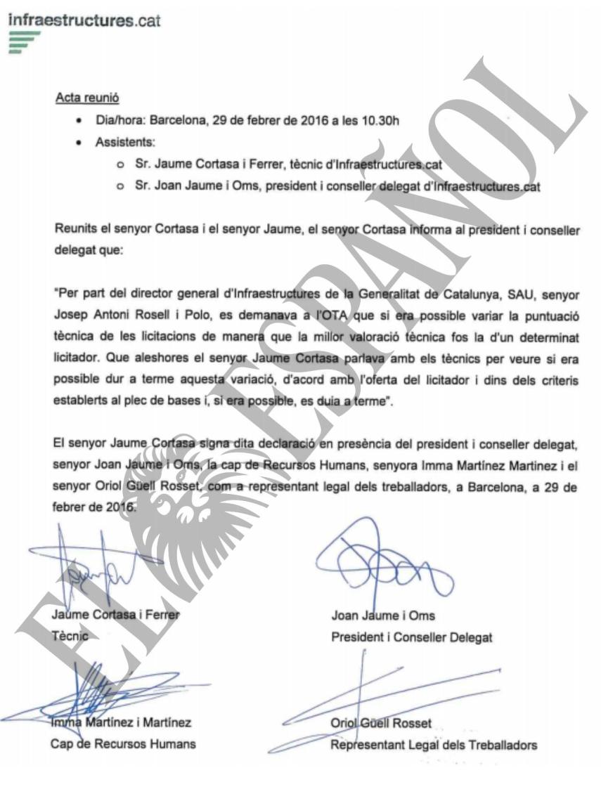 DOCUMENTO Nº 3. Acta de la reunión de la dirección de Infraestructures en la que Jaume Cortasa reconoce los amaños.