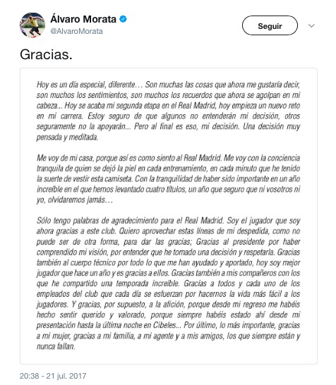 Morata se despide del madridismo con una emotiva carta