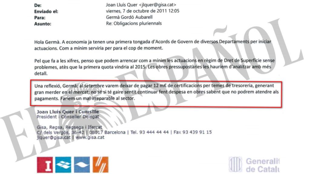 DOCUMENTO Nº 5. Documento en el que el presidente de GISA advierte a Gordó de que no hay dinero para licitaciones y que están teniendo impagos.