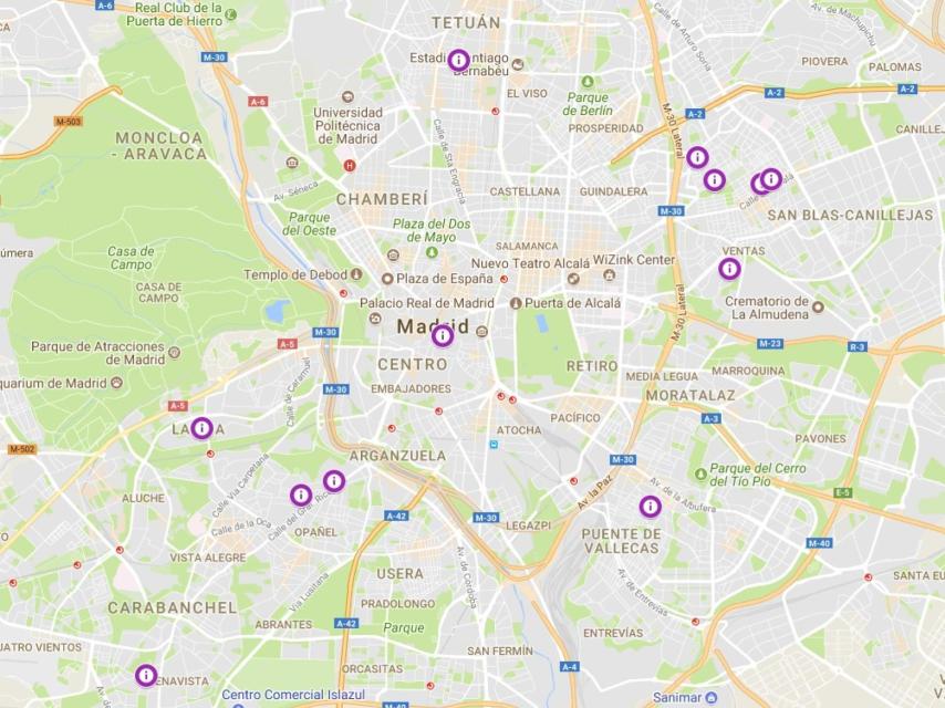 Mapa de los puntos de recogida habilitados en Madrid.