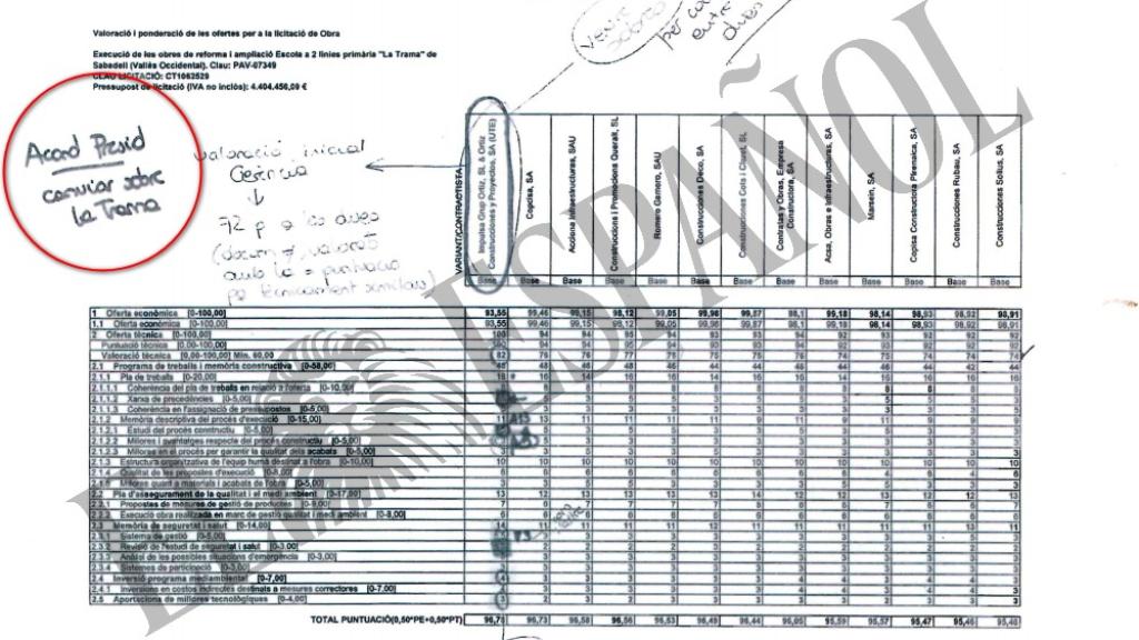 DOCUMENTO Nº 13. Hoja de valoraciones sobre la obra del colegio La Trama, con la inscripción manuscrita de Acord Presid. Cambiar sobre.