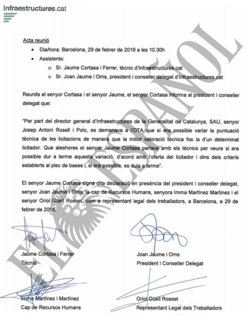 Acta de la reunión de la dirección de Infraestructures en la que Jaume Cortasa reconoce los amaños.