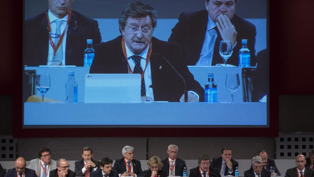 Juan Luis Larrea, presidente interino de la Real Federación Española de Fútbol, durante una intervención en la asamblea.