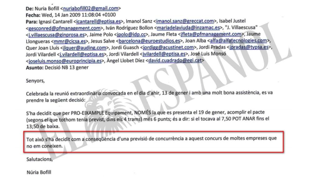 DOCUMENTO Nº 24. Correo electrónico con instrucciones para pactar precios en una licitación pública catalana ante el riesgo de que se presenten empresas que no pertenecen al cártel.