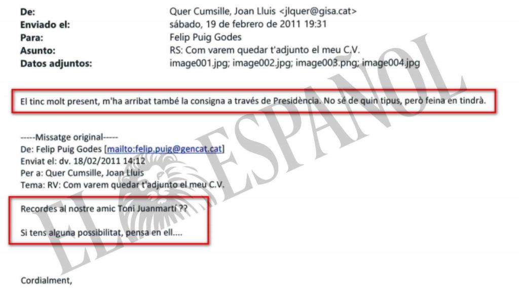 DOCUMENTO Nº 35. Correo en el que Felip Puig pide trabajo para una persona llamada Toni Juanmartí. El presidente de GISA le confiesa que ha recibido la misma orden desde Presidencia de la Generalitat.