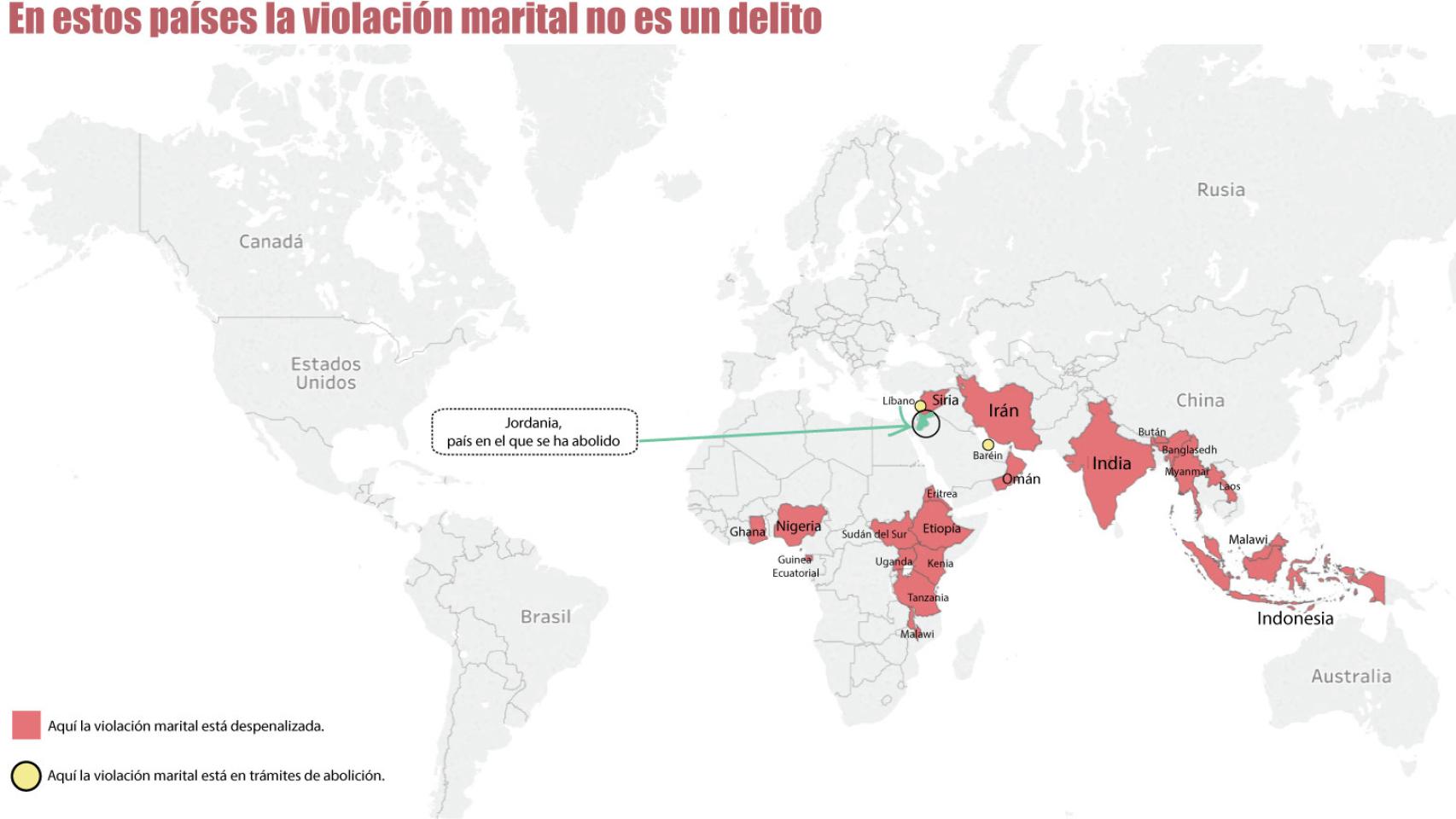Este mapa ilustra en qué países la legislación permite las violaciones si hay matrimonio.