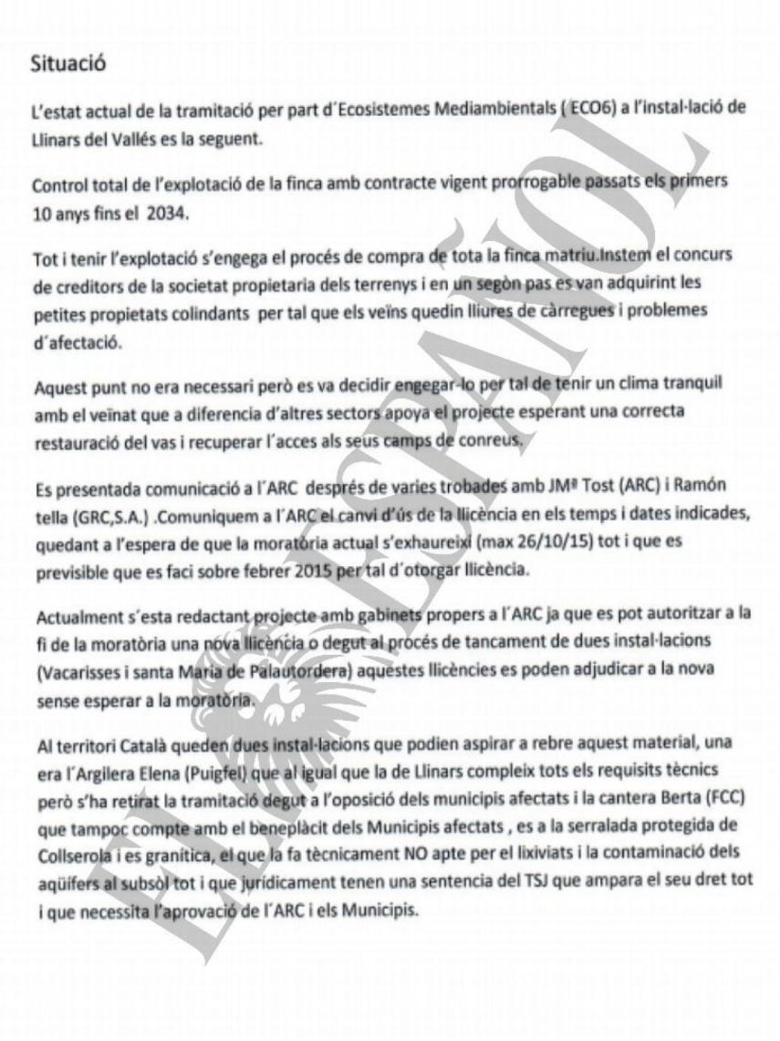 DOCUMENTO Nº 39. Documento trasladado a la cúpula de la empresa pública Infraestructures sobre la concesión de una licencia para un vertedero.