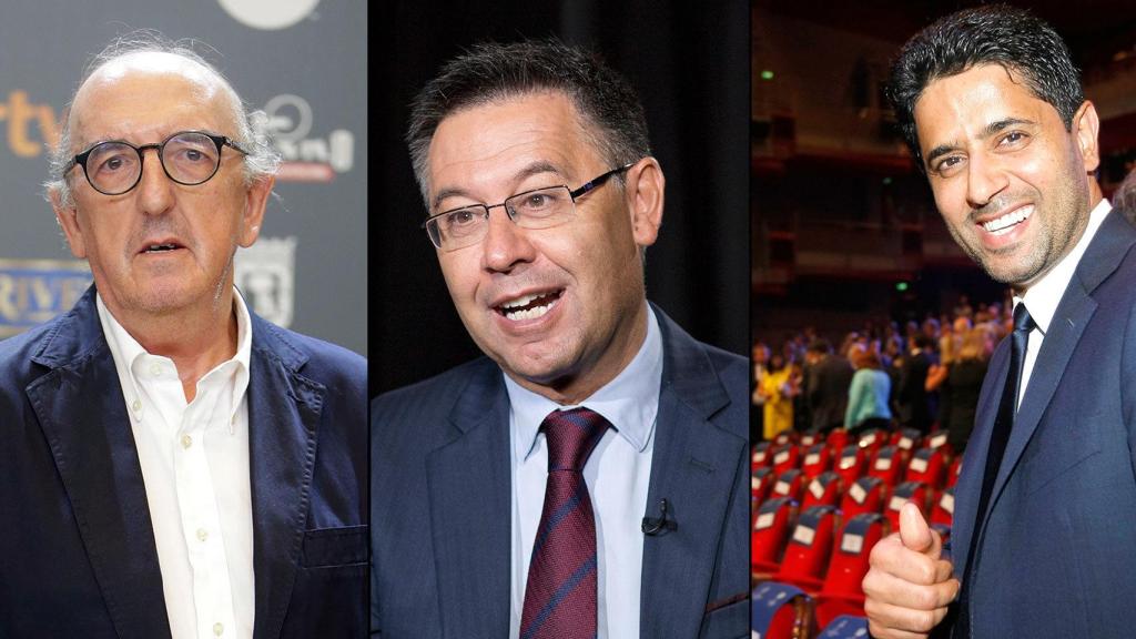 De izquierda a derecha Jaume Roures, Josep Bartomeu y Nasser Al-Khelaifi