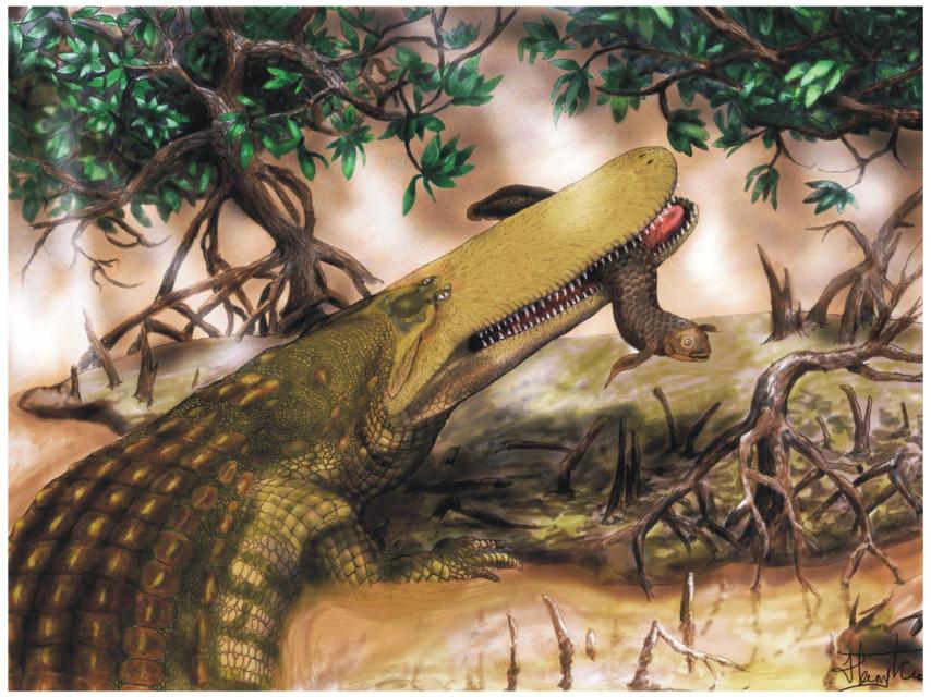 Ilustración de ‘Shieldcroc’ en su entorno del norte de África hace unos 95 millones de años