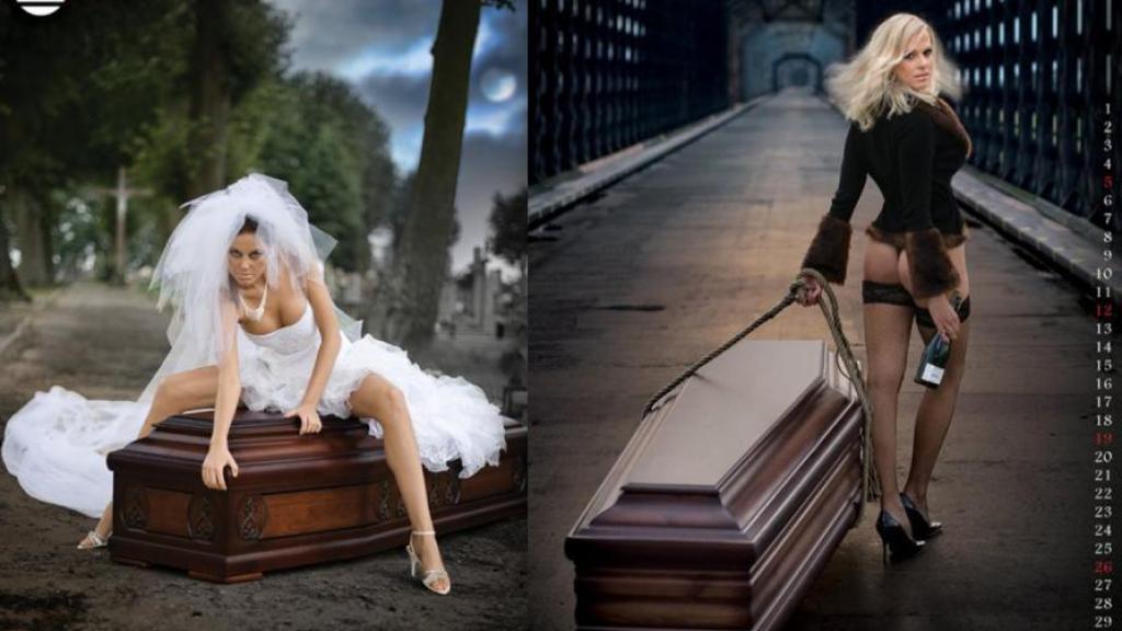 Una modelo con vestido de novia posa junto a un ataud