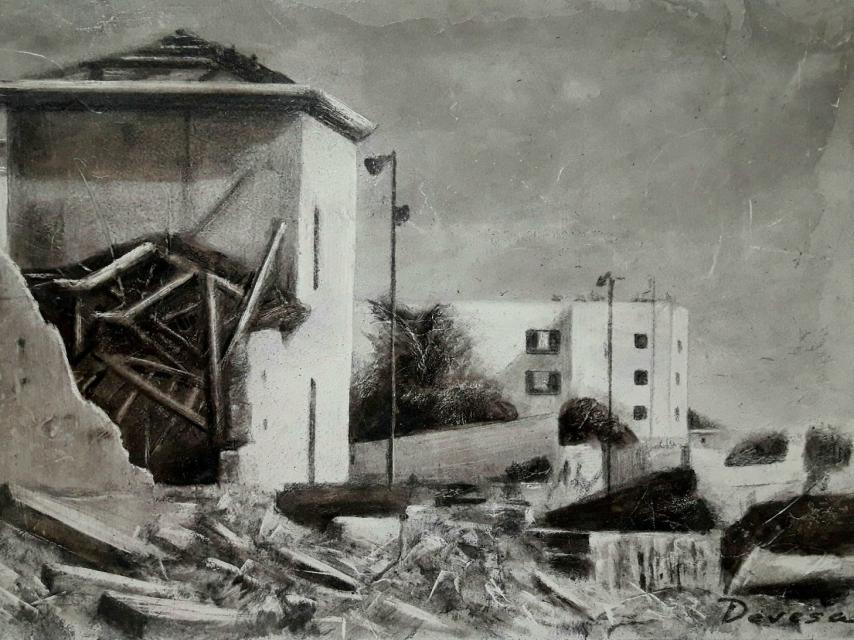 Ilustración de Fernando Devesa sobre el estado en el que quedó la Casa Cuna, publicada en el libro 'La noche que miramos al cielo'.